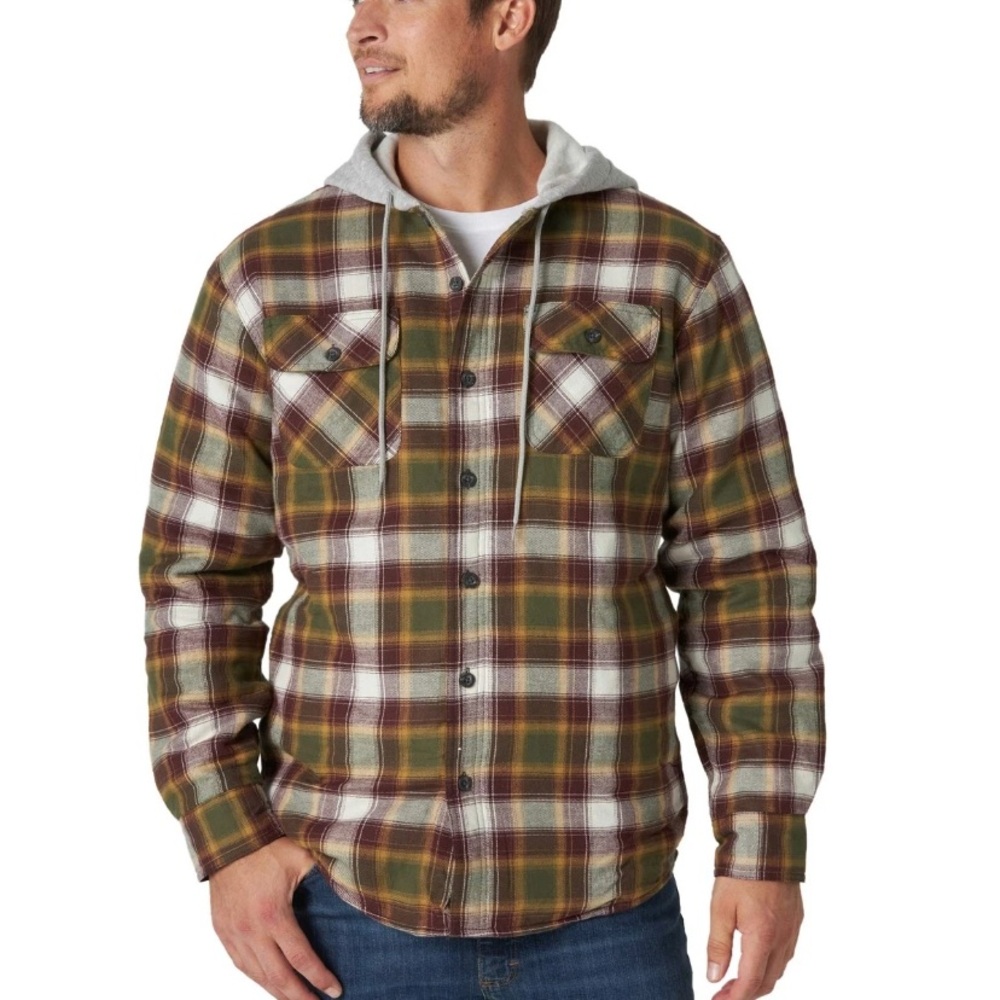 Wrangler Mens Quilted Lined Flannel Shirt Jacket w/ Hood | Olive Night | Medium